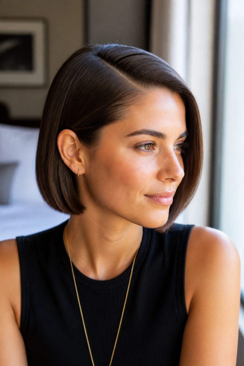 Real woman with sleek jaw-length bob and side part in natural light