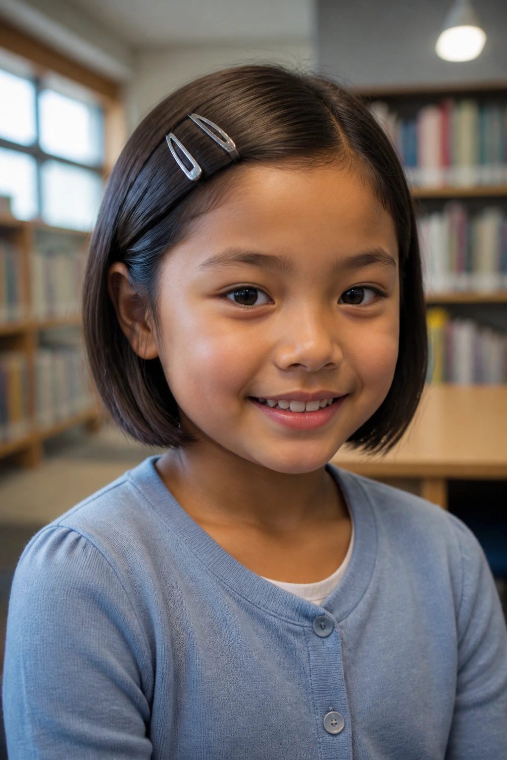 Close-up portrait of a girl with a sleek bob and front snap clips