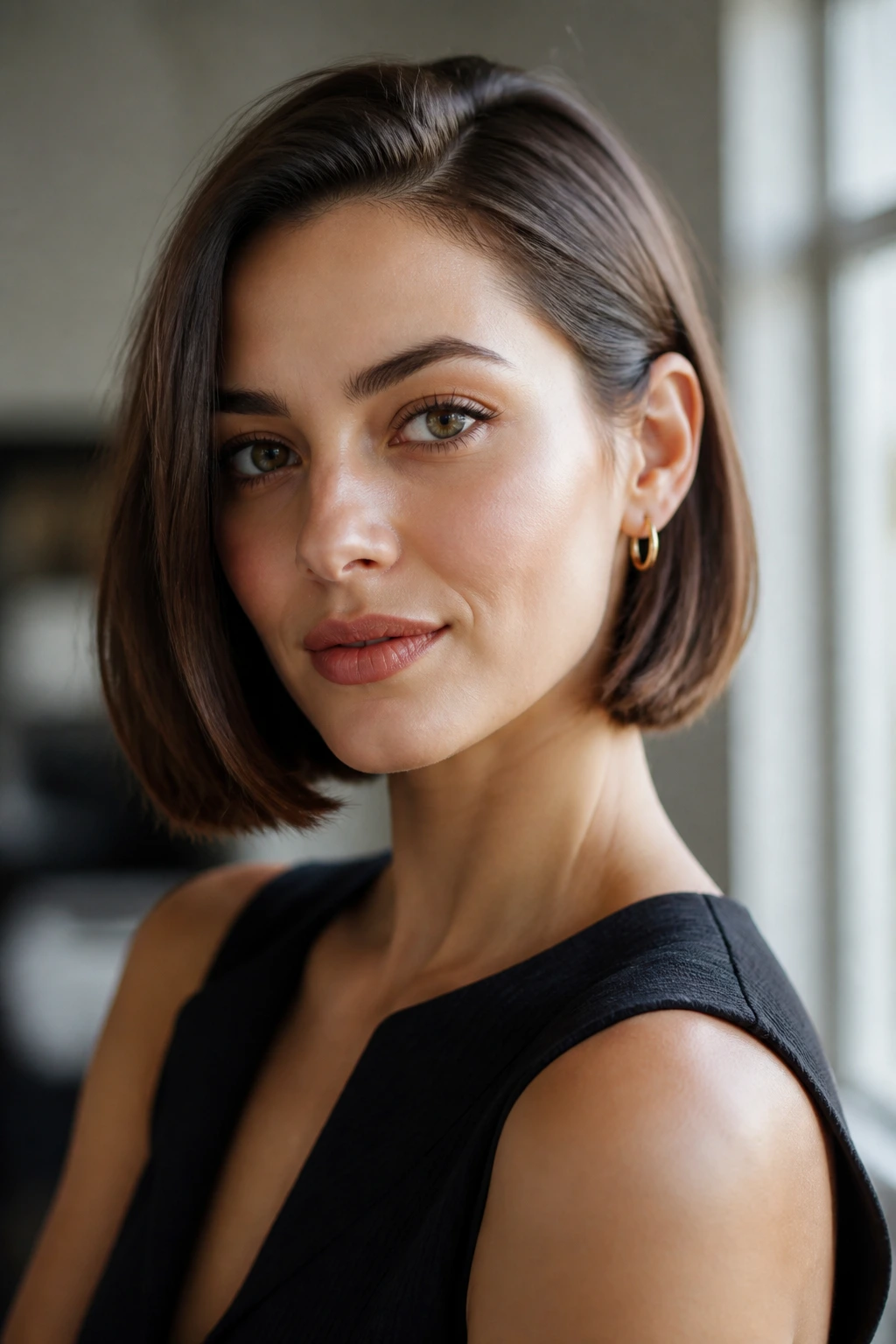 Portrait of a woman with a sleek bob tucked behind one ear and an earring visible