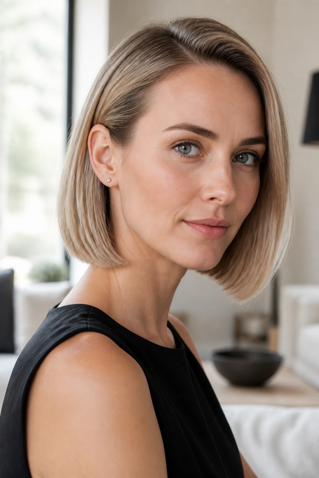 Close-up of a real woman with a tucked-behind-ear sleek bob