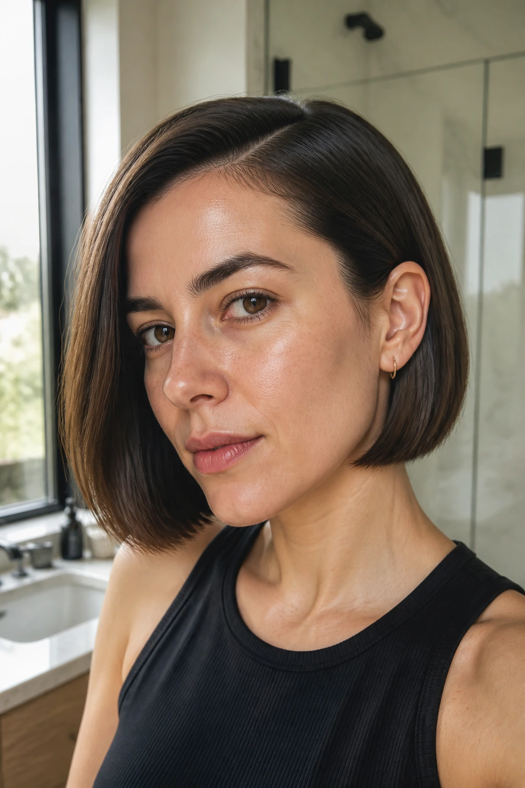 Close-up of a real woman with sleek bob and tucked ear, deep part