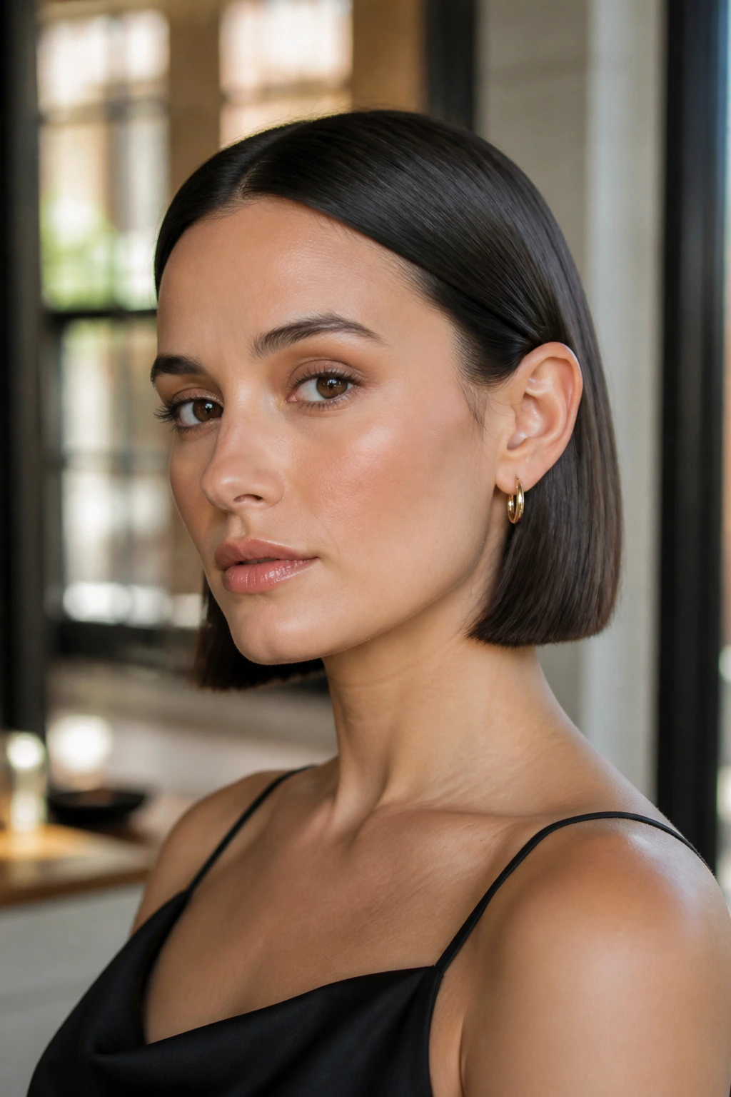 Portrait of a real person with a sleek bob tucked behind both ears