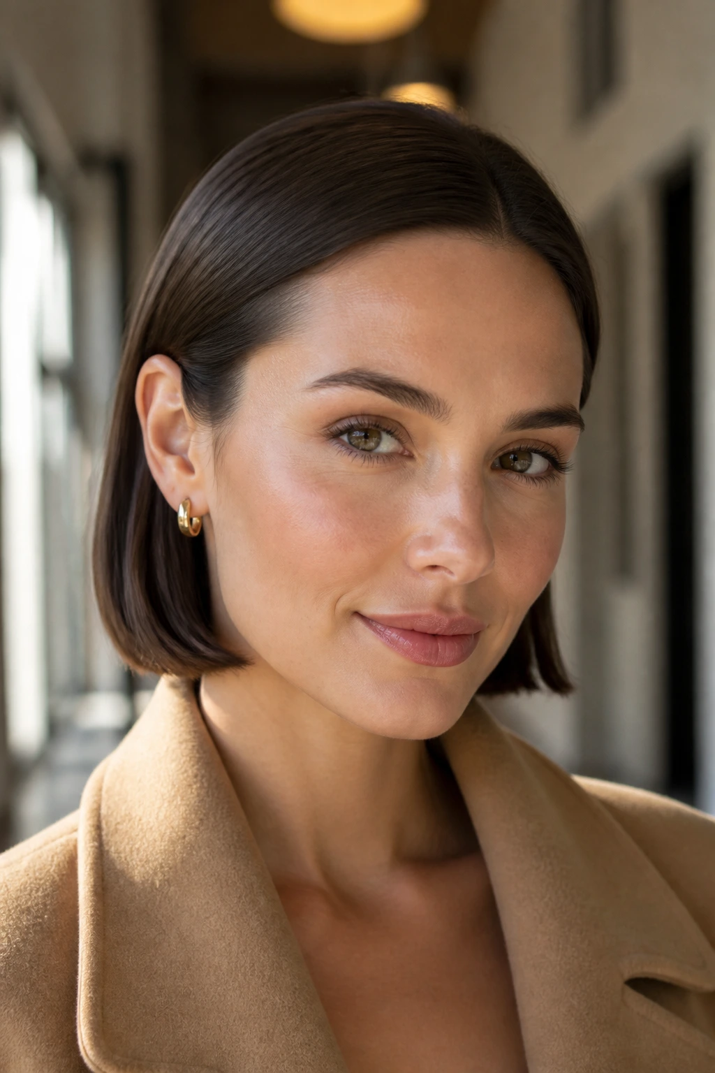 Close-up of a real woman with a sleek bob tucked behind the ears, showing jawline and tucked ears.