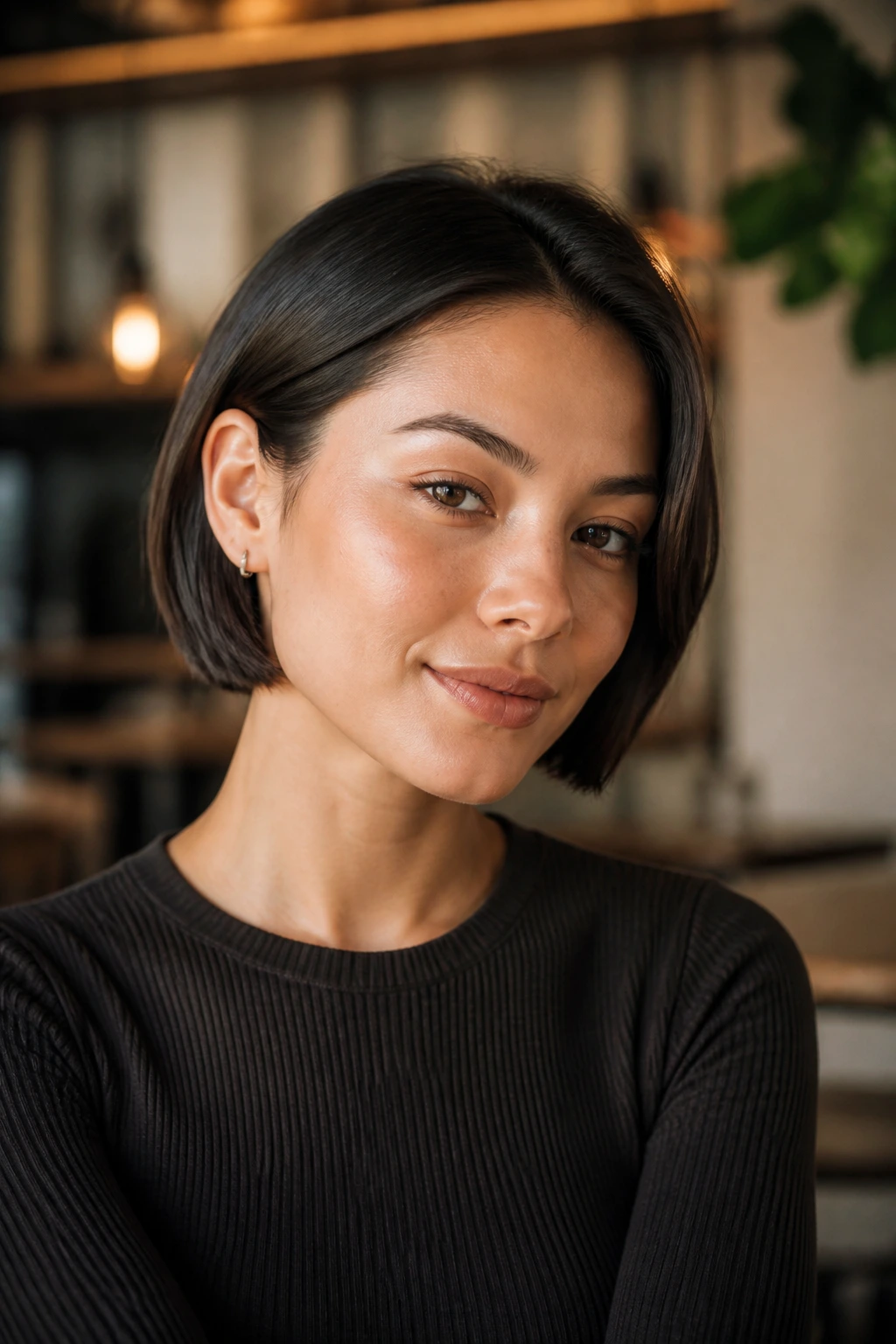 Portrait of a woman with a sleek chin-length bob and tucked ends.
