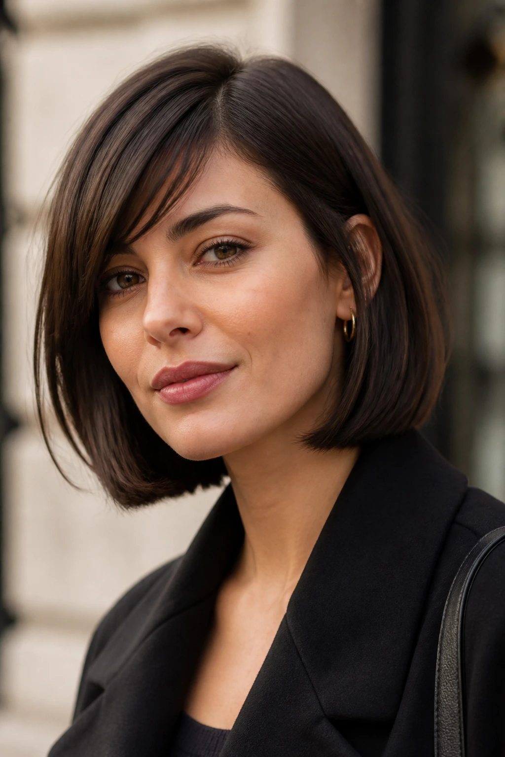Close-up portrait of a woman with a sleek bob and side fringe