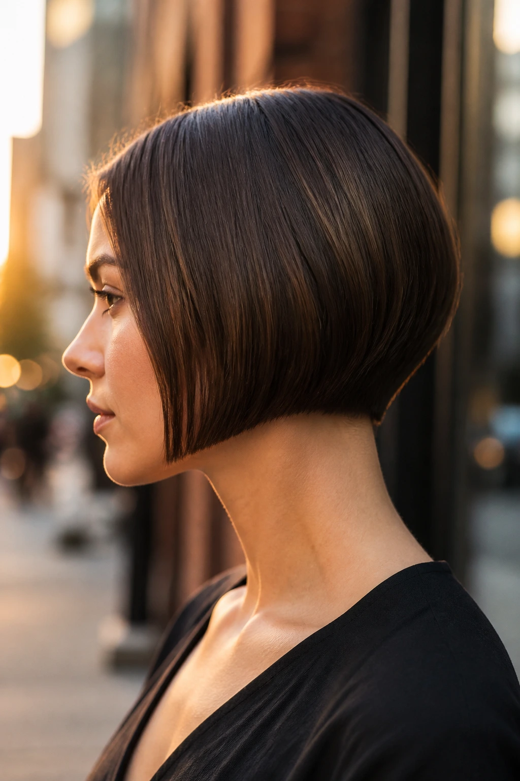 Side profile of a real woman with sleek bob and tucked nape in golden hour light