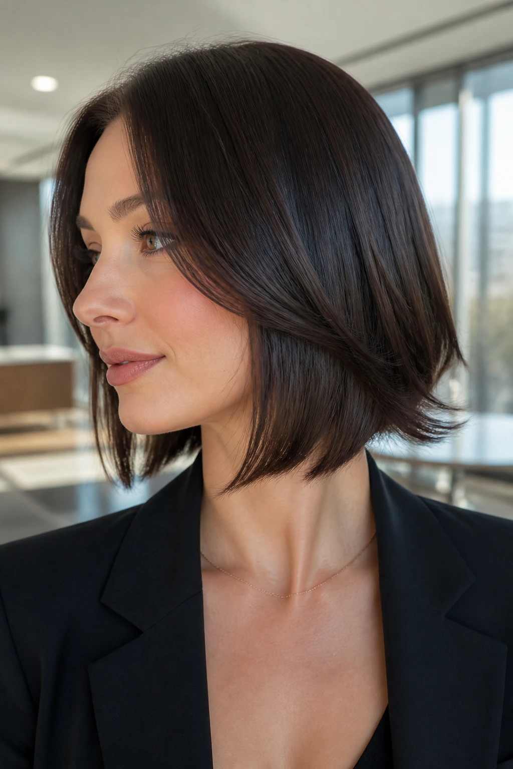 Close-up of real person with sleek bob and moving underlayers in a polished setting