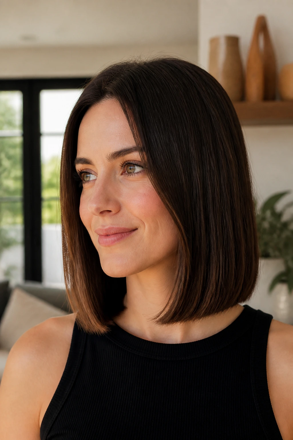 Polished and sleek shoulder-length bob on a real person