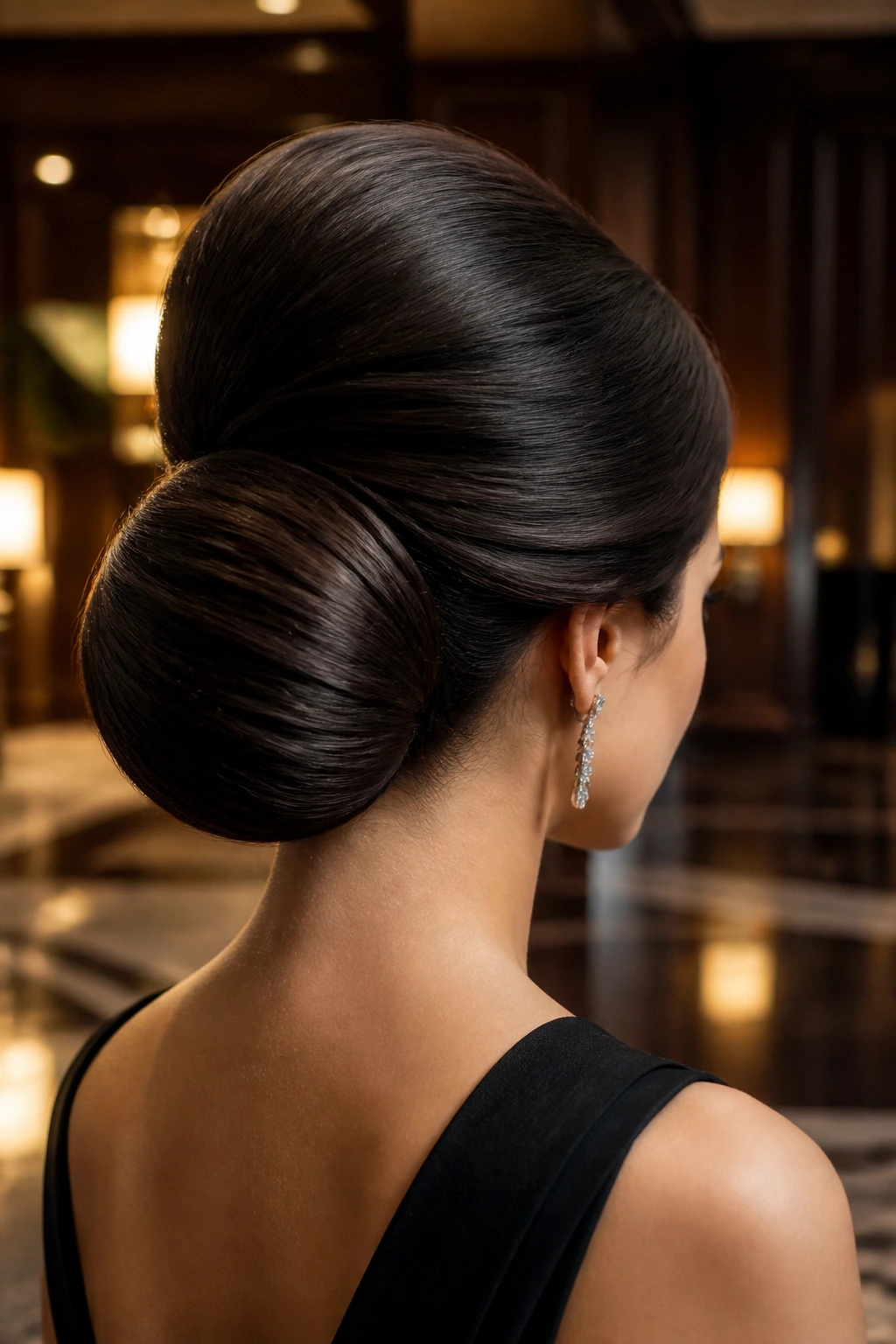 Elegant back-view portrait of a woman with sleek bouffant chignon for a black-tie event