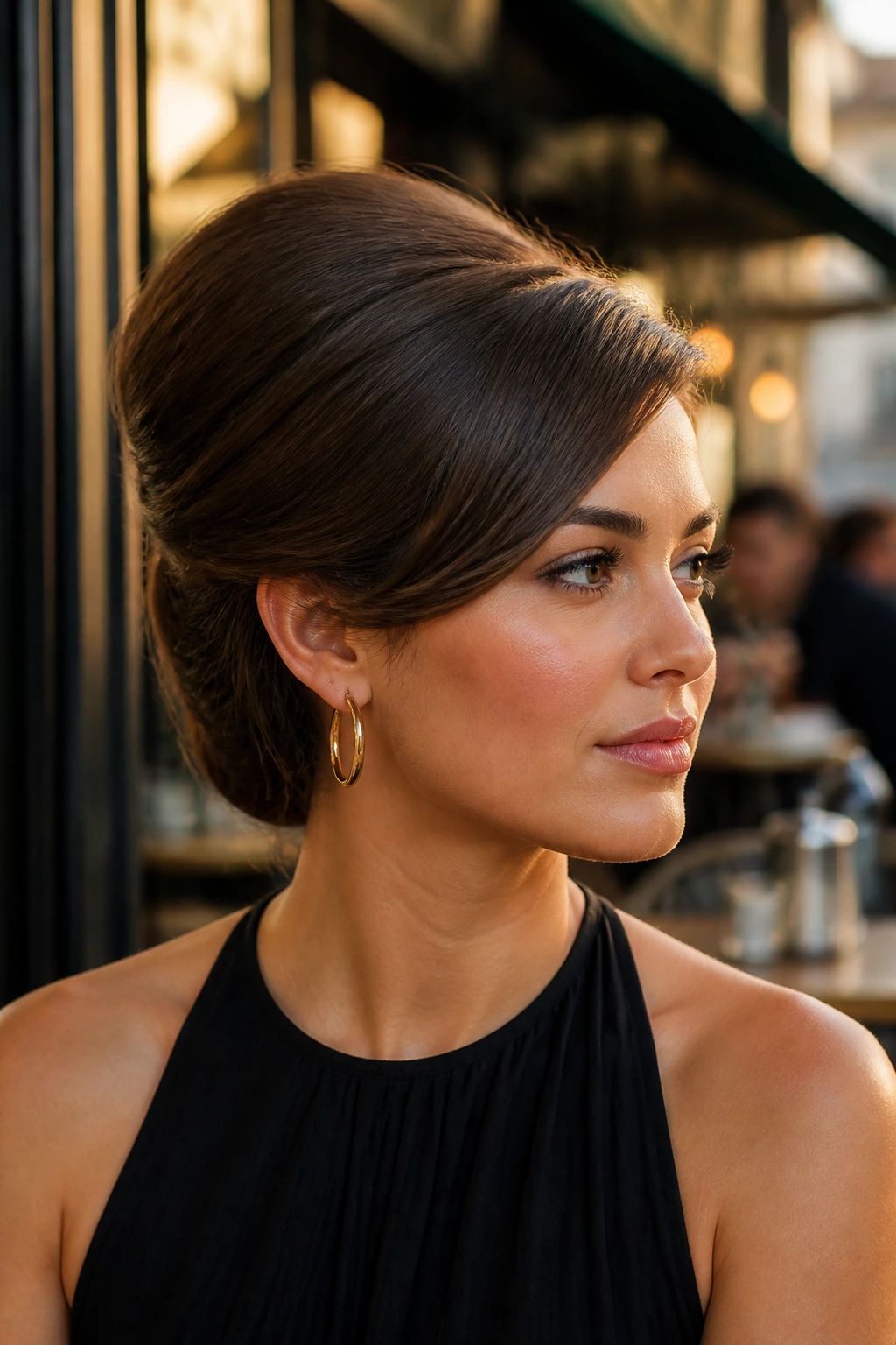 Close-up of a real woman with a sleek side bouffant and tucked ends at the nape