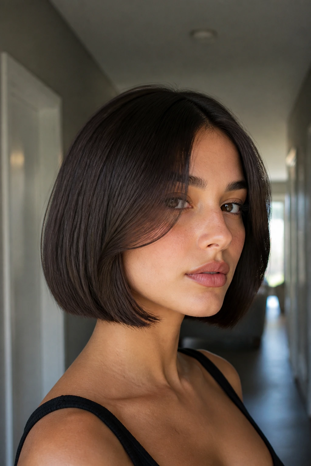 Woman with a sleek box bob and long curtain bangs in a bright hallway