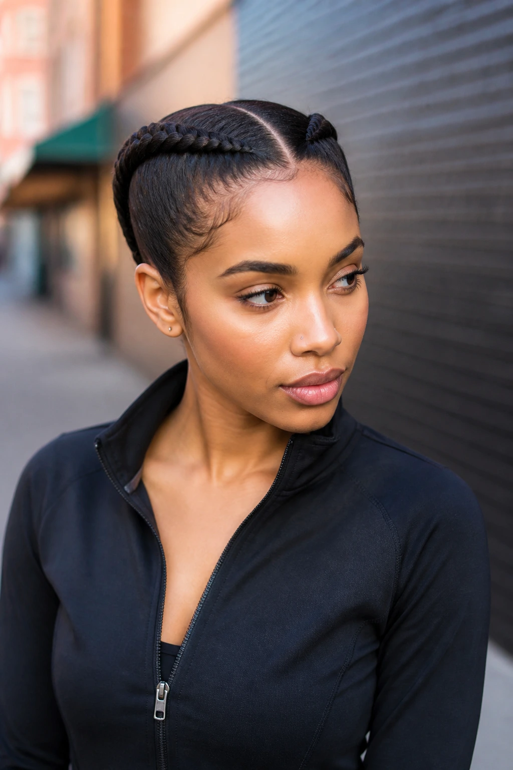 Short lob hairstyle with two sleek boxer braids