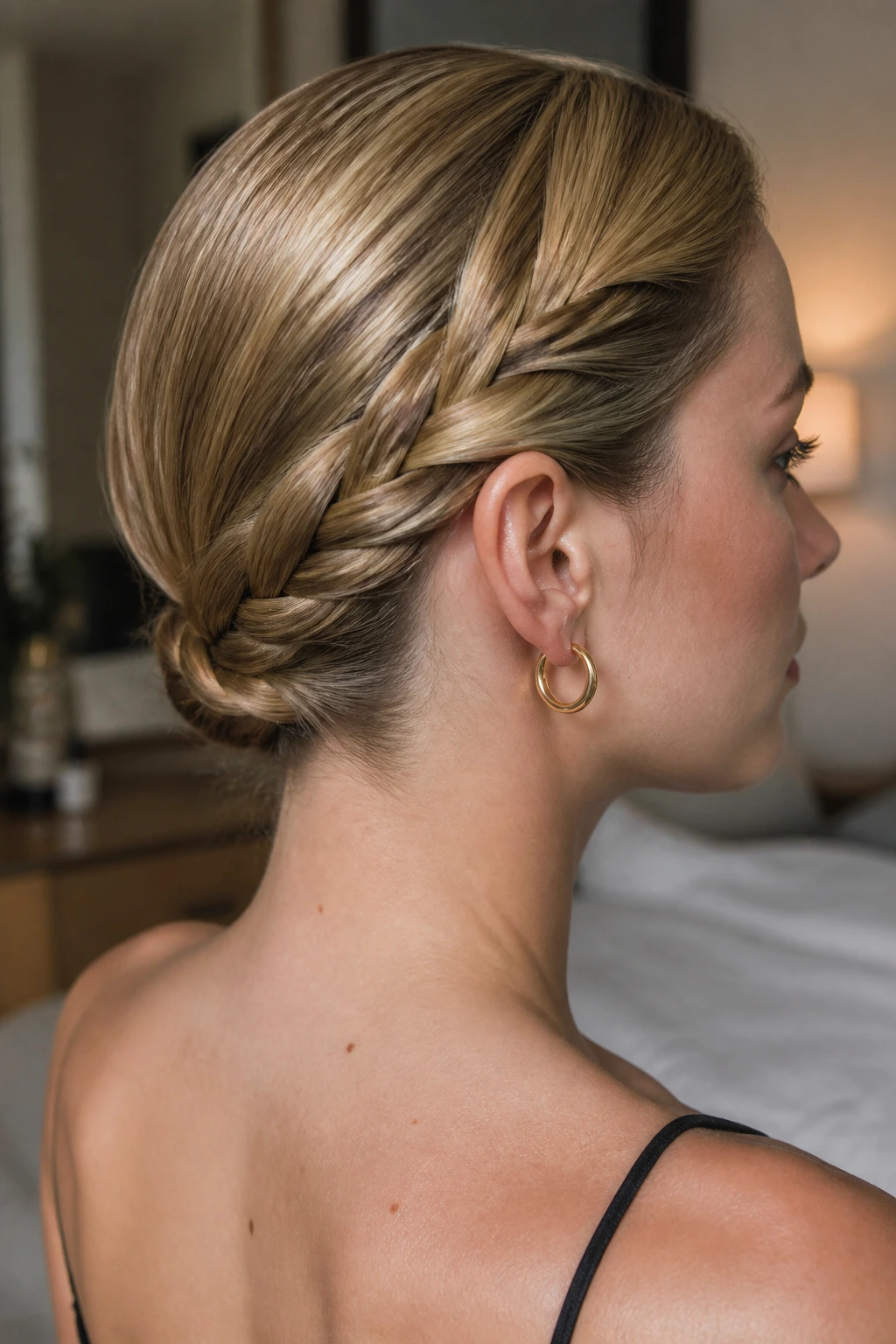 Close-up side profile of woman with a sleek braid tucked under at the nape
