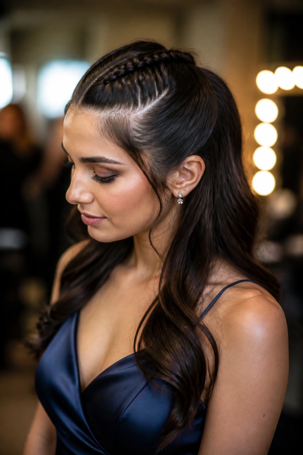 Real woman with sleek braided half-up hairstyle for prom