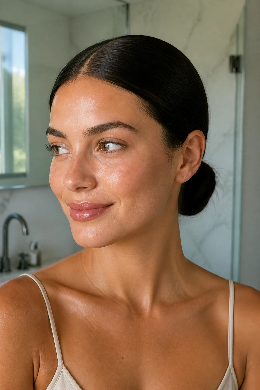 Portrait of a woman with a sleek low bun and center part