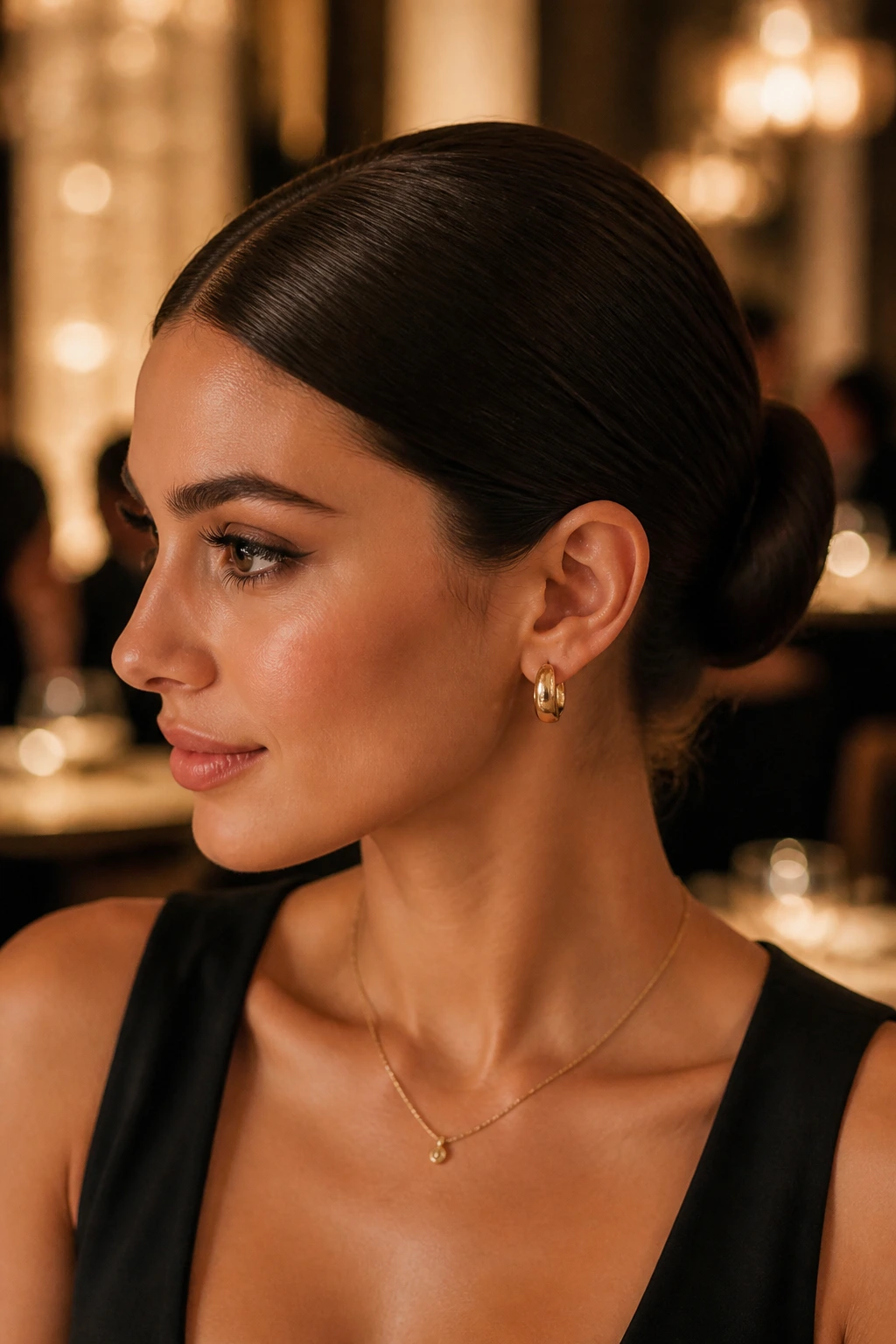 Close-up of a real woman with a sleek center-part low bun in a chic restaurant setting