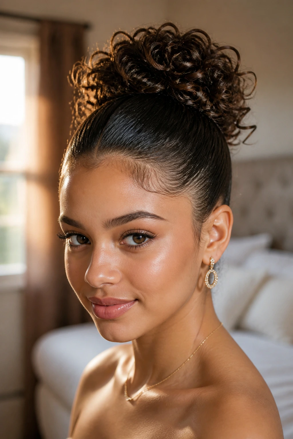 Close-up portrait of a real woman with a sleek front and crown bun in warm window light