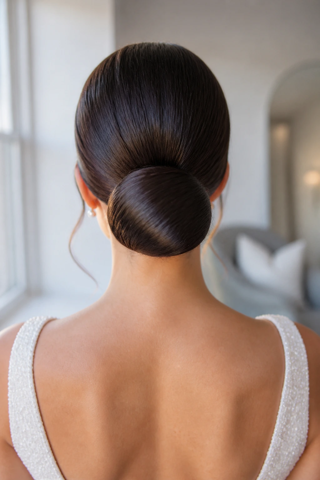 Back view of a bridal sleek bun created with hidden extensions