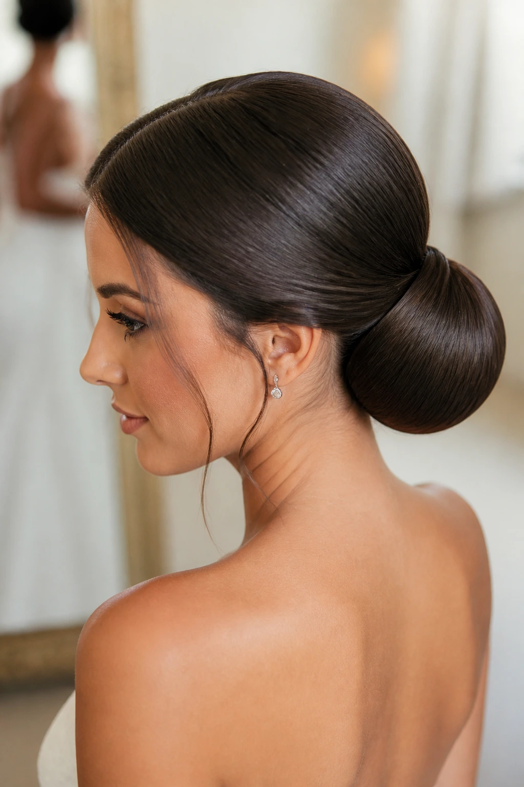 Bride with sleek center-part and low bun with invisible fillers