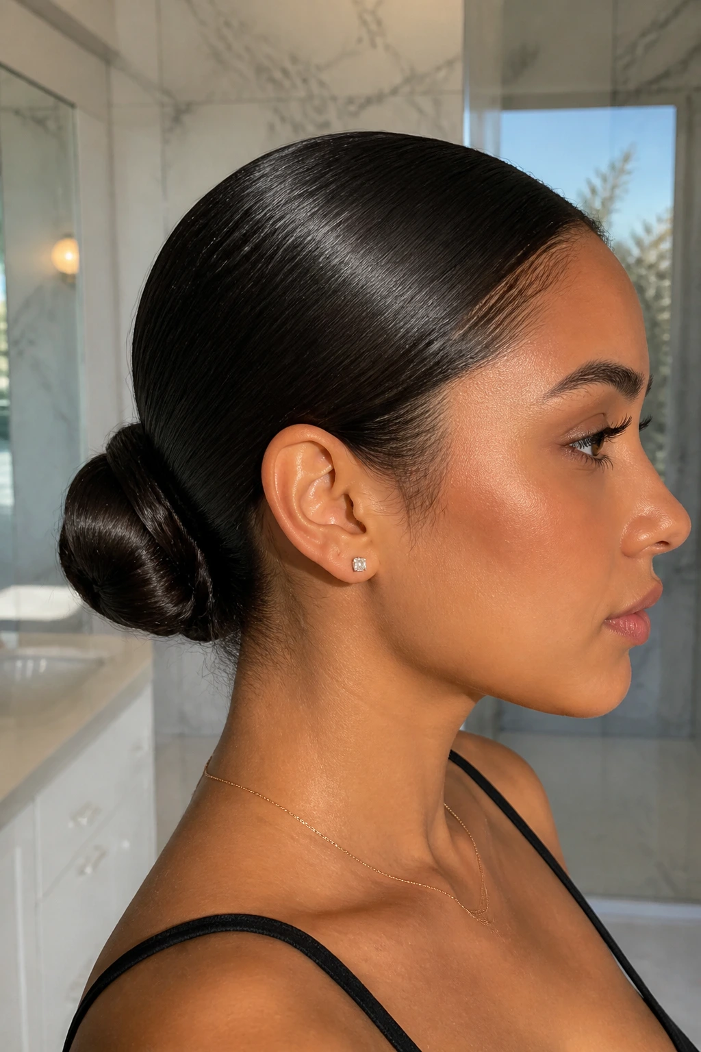 Close-up of a real woman's head showing a low sleek bun at the nape of the neck.