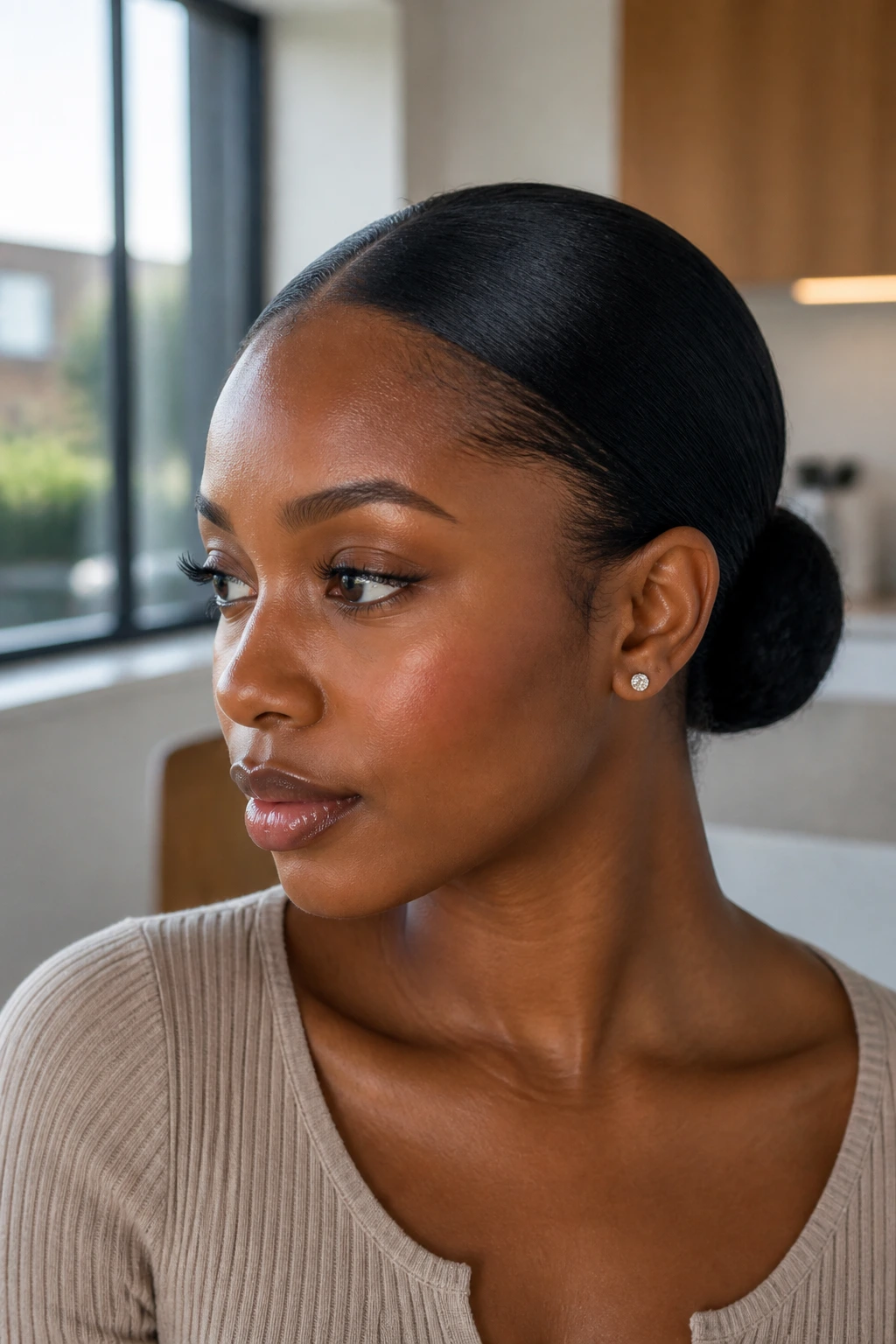 Black woman with sleek low bun and sharp middle part