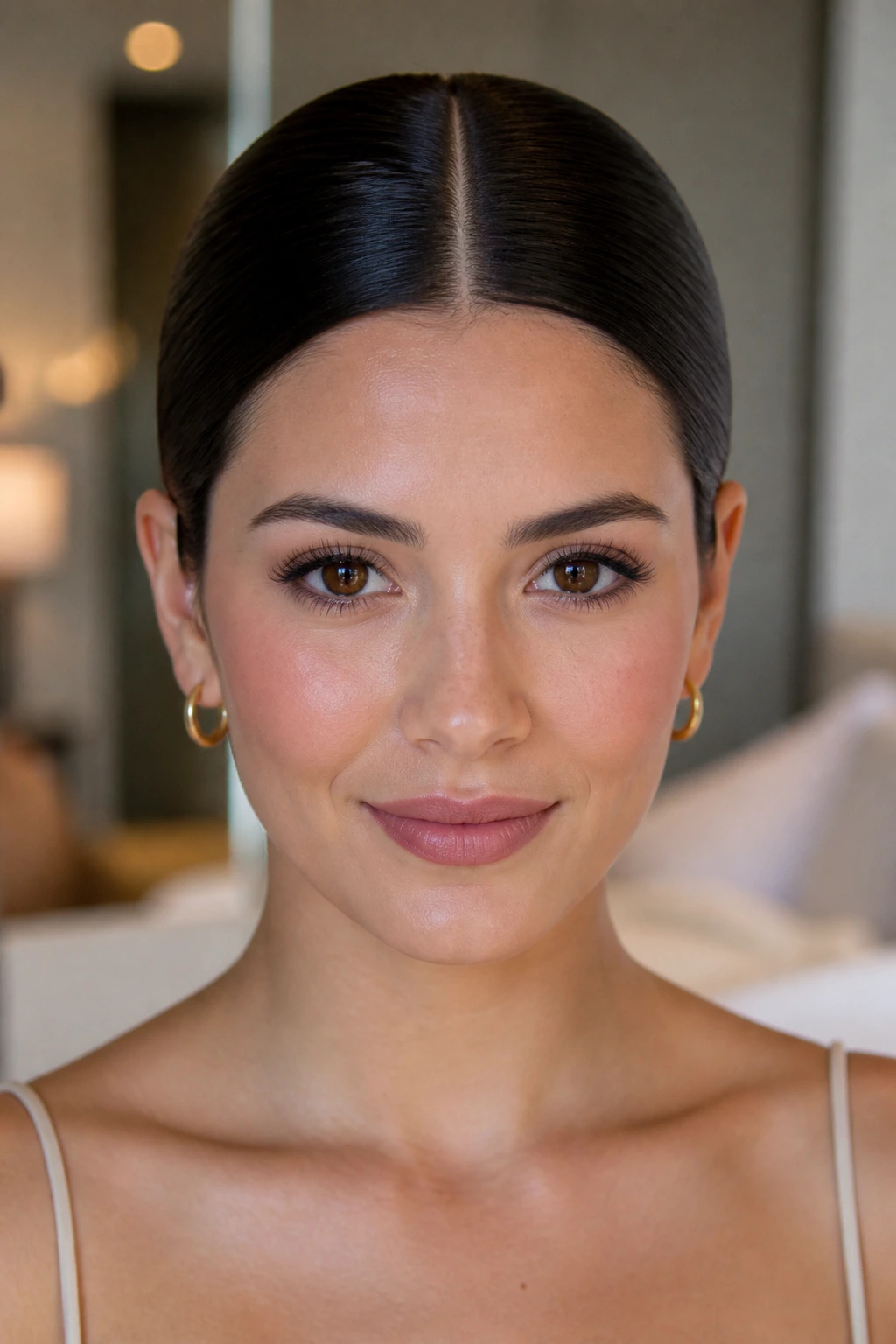 Front-facing portrait of a woman with a middle-part sleek bun.