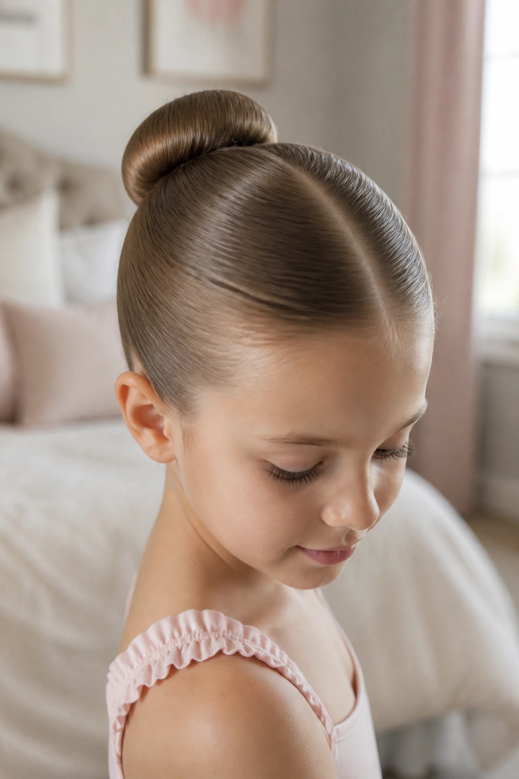 Close-up of a young girl with a sleek ballet bun