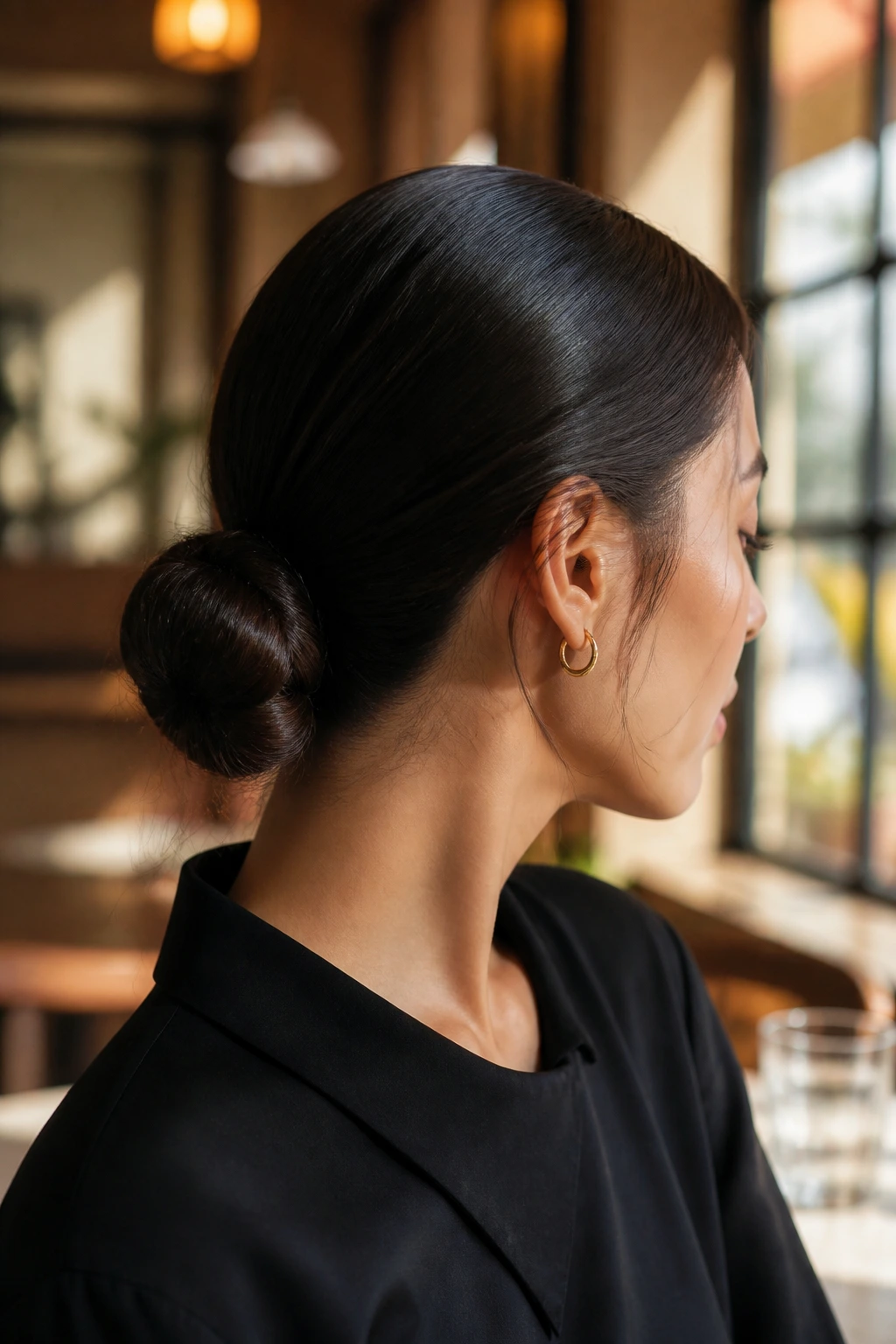 Portrait of a person with a low sleek bun and simple outfit in a cafe setting