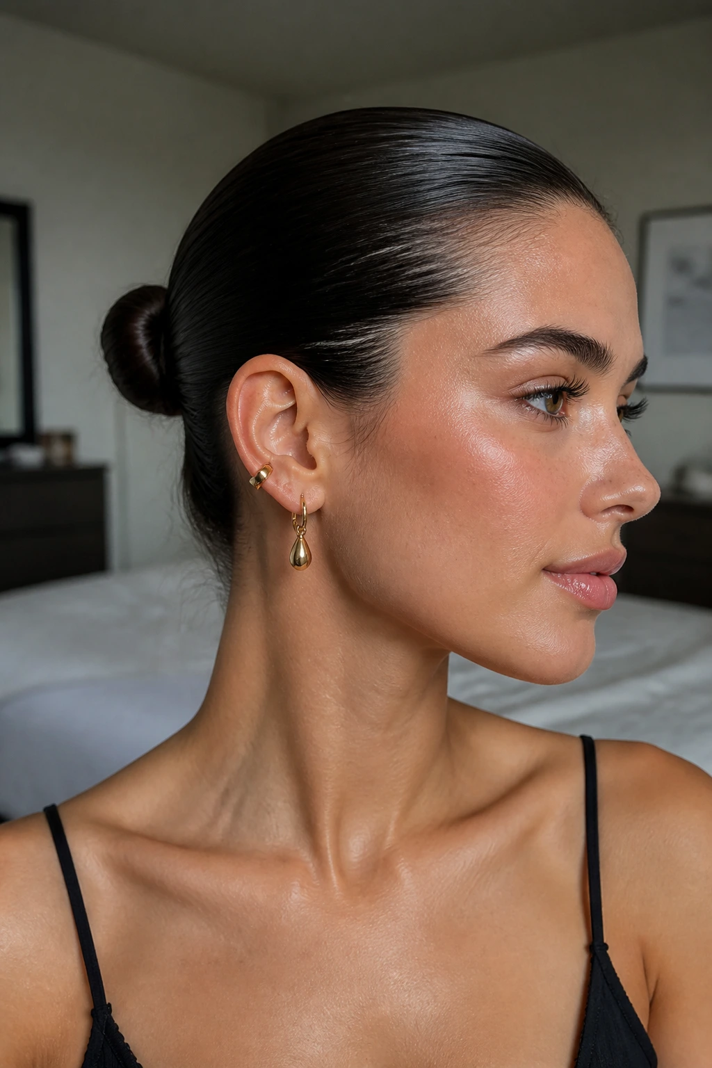 Close-up of a real woman wearing a Sleek Mini Bun with glossy, slicked-back hair