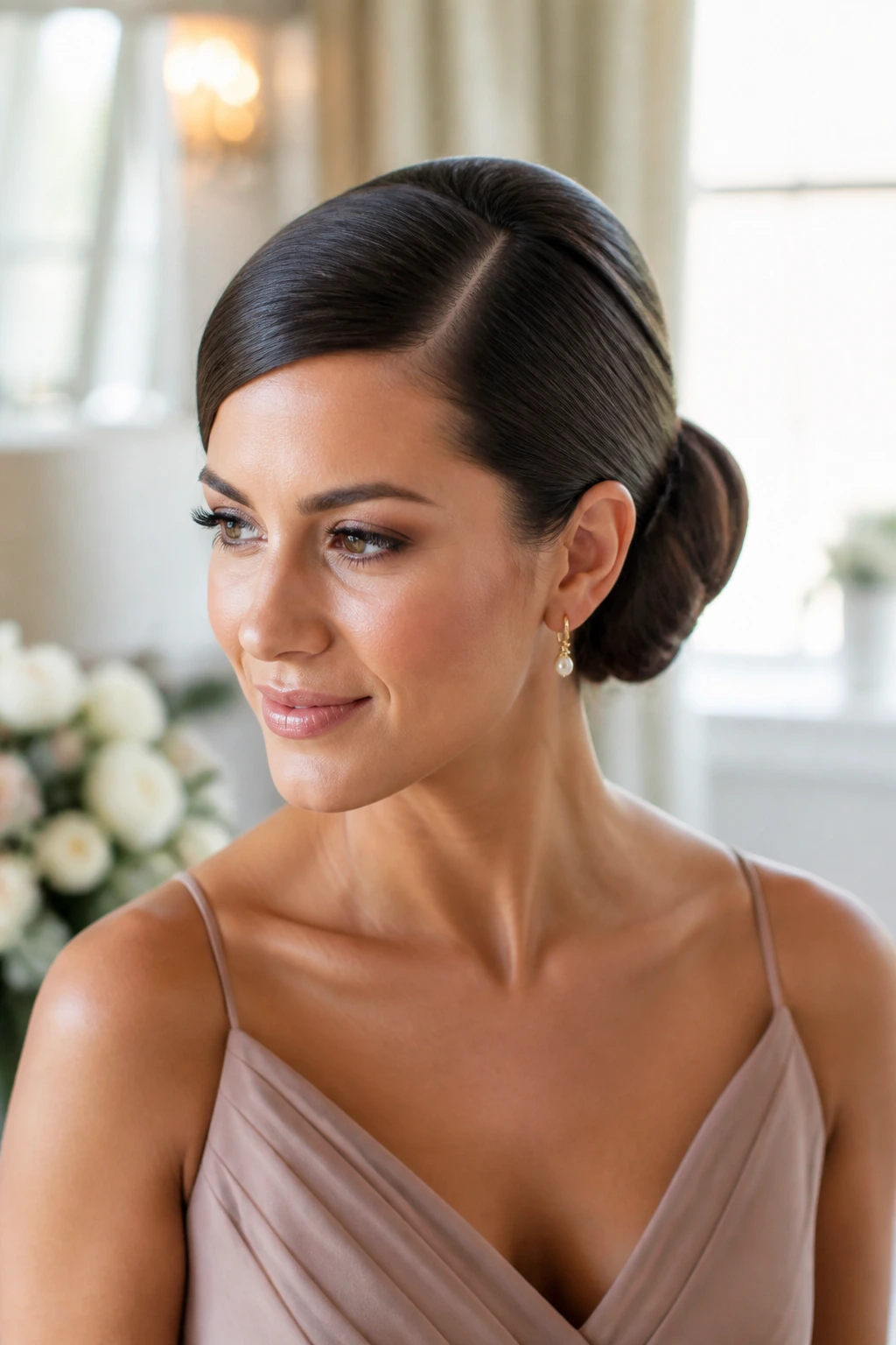 Close-up of a sleek knot with a deep side part bridesmaid bun