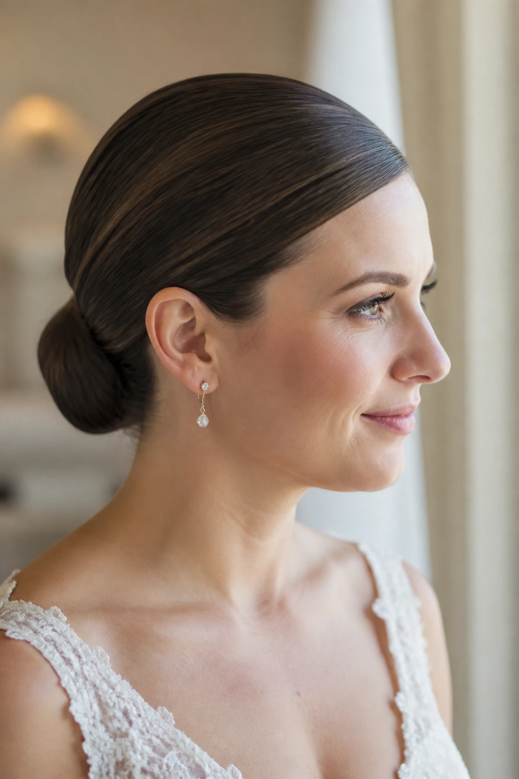 Close-up of a bride with a sleek tucked-under bun and neat finish.