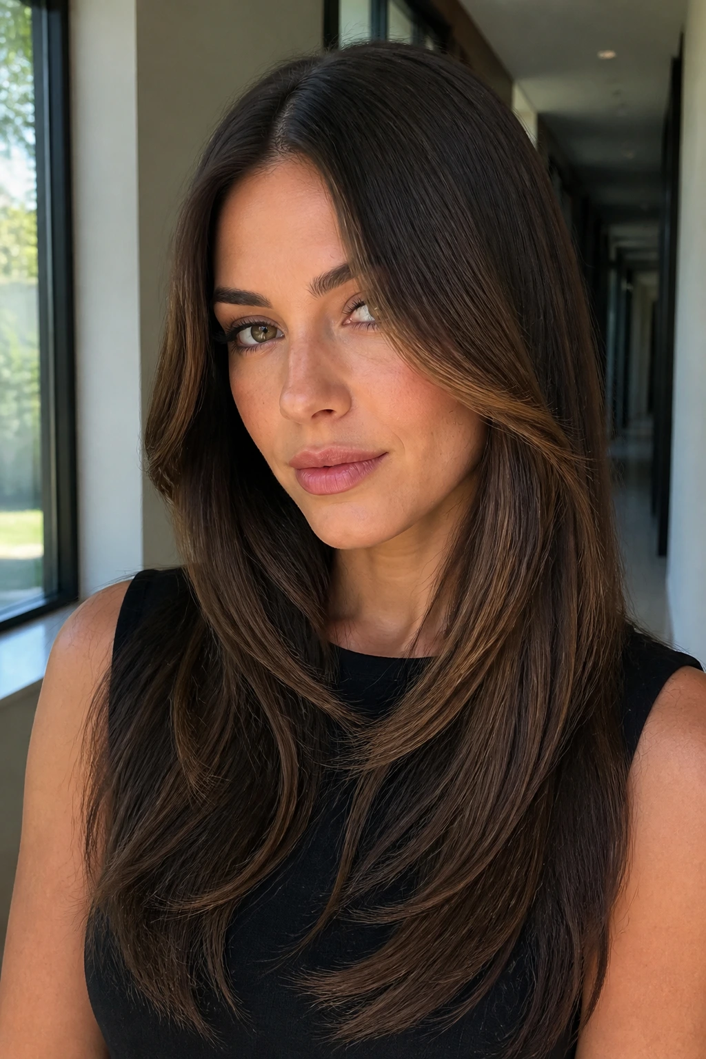 Close-up portrait of a real woman with sleek butterfly layers and center-part fringe