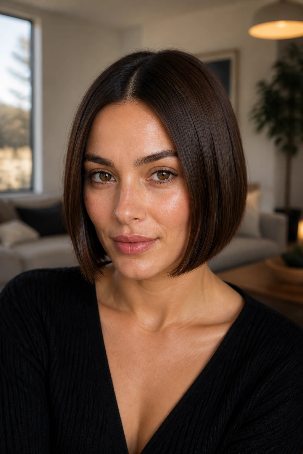 Real woman with sleek center-part bob, glossy straight hair portrait