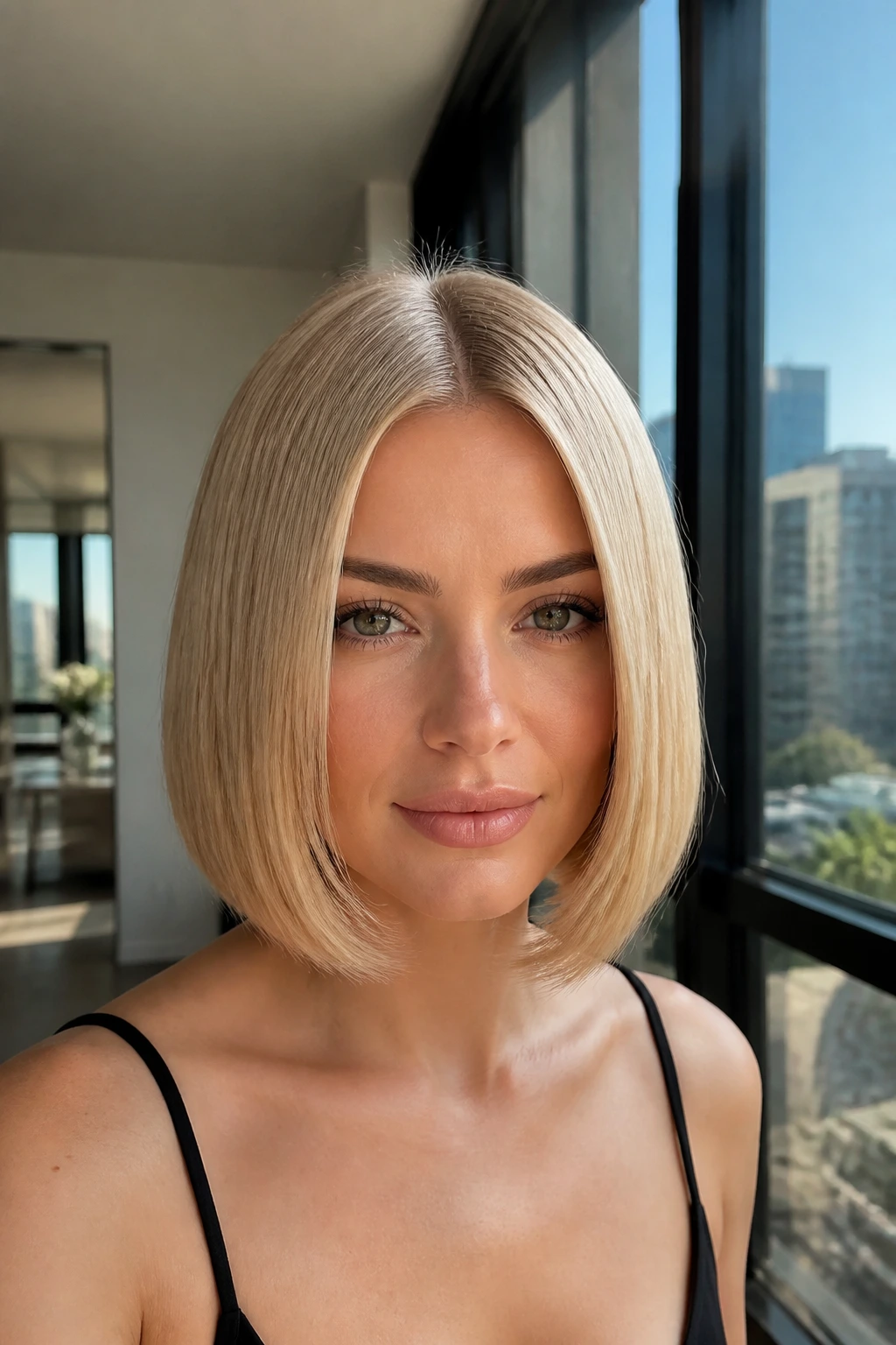 Portrait of a woman with a sleek center-part bob by a window