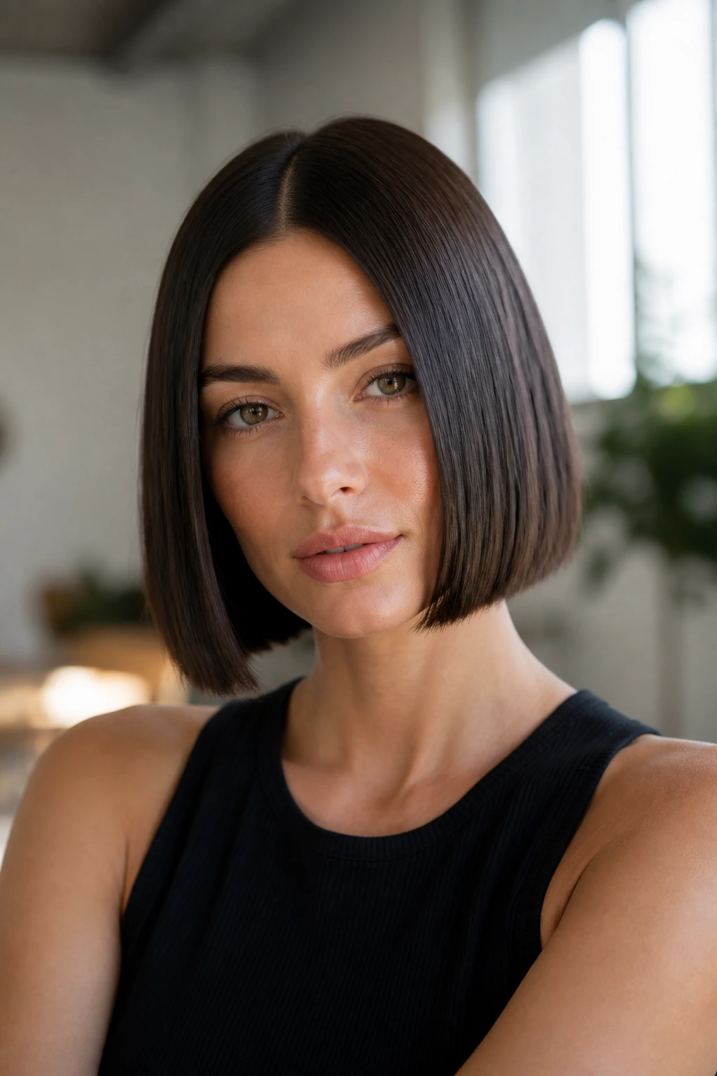 Portrait of a woman with a sleek center-part bob.