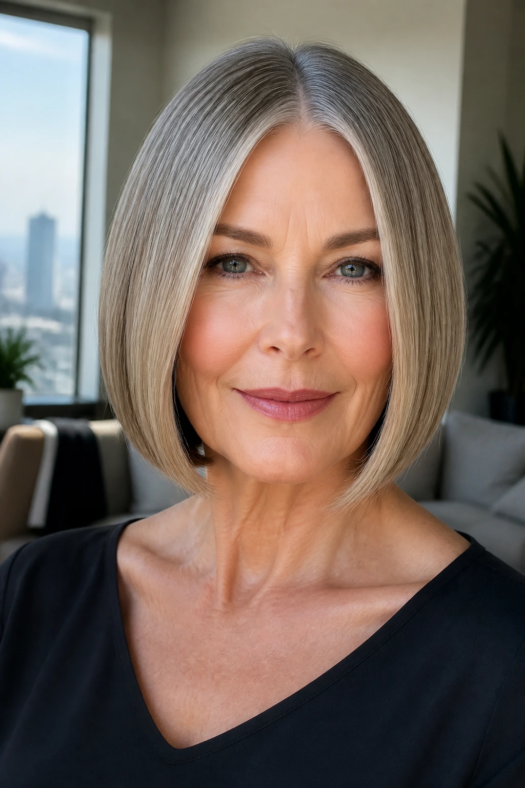Close-up of a real woman with Sleek Center-Part Bob in a modern sunny room