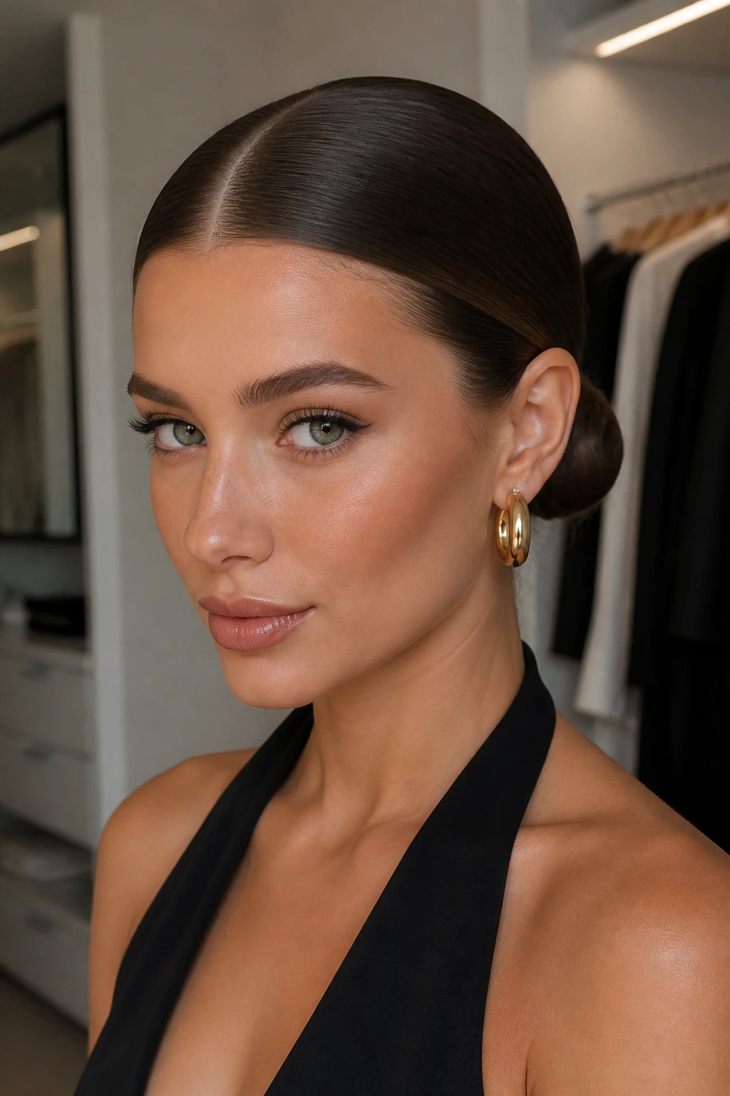 Close-up of a real woman with a sleek center-part and low bun