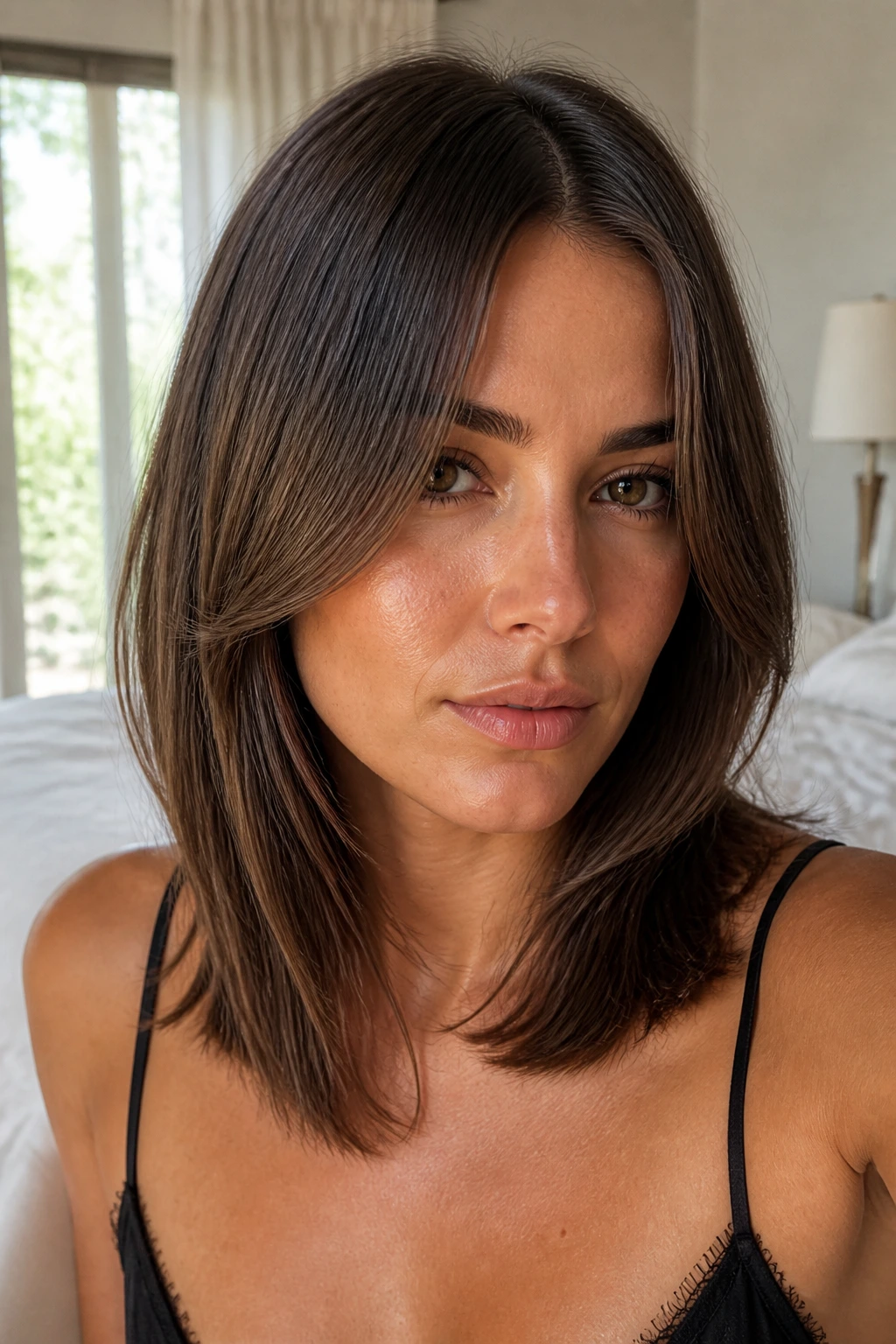 Close-up of a real woman showing sleek center-part curtain bangs, glossy straight hair framing the forehead
