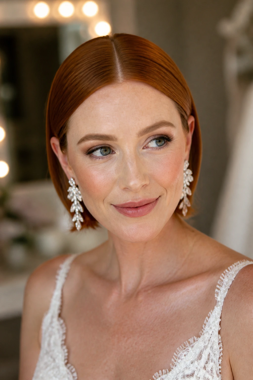 Close-up of a real woman with a sleek center part and statement earrings.