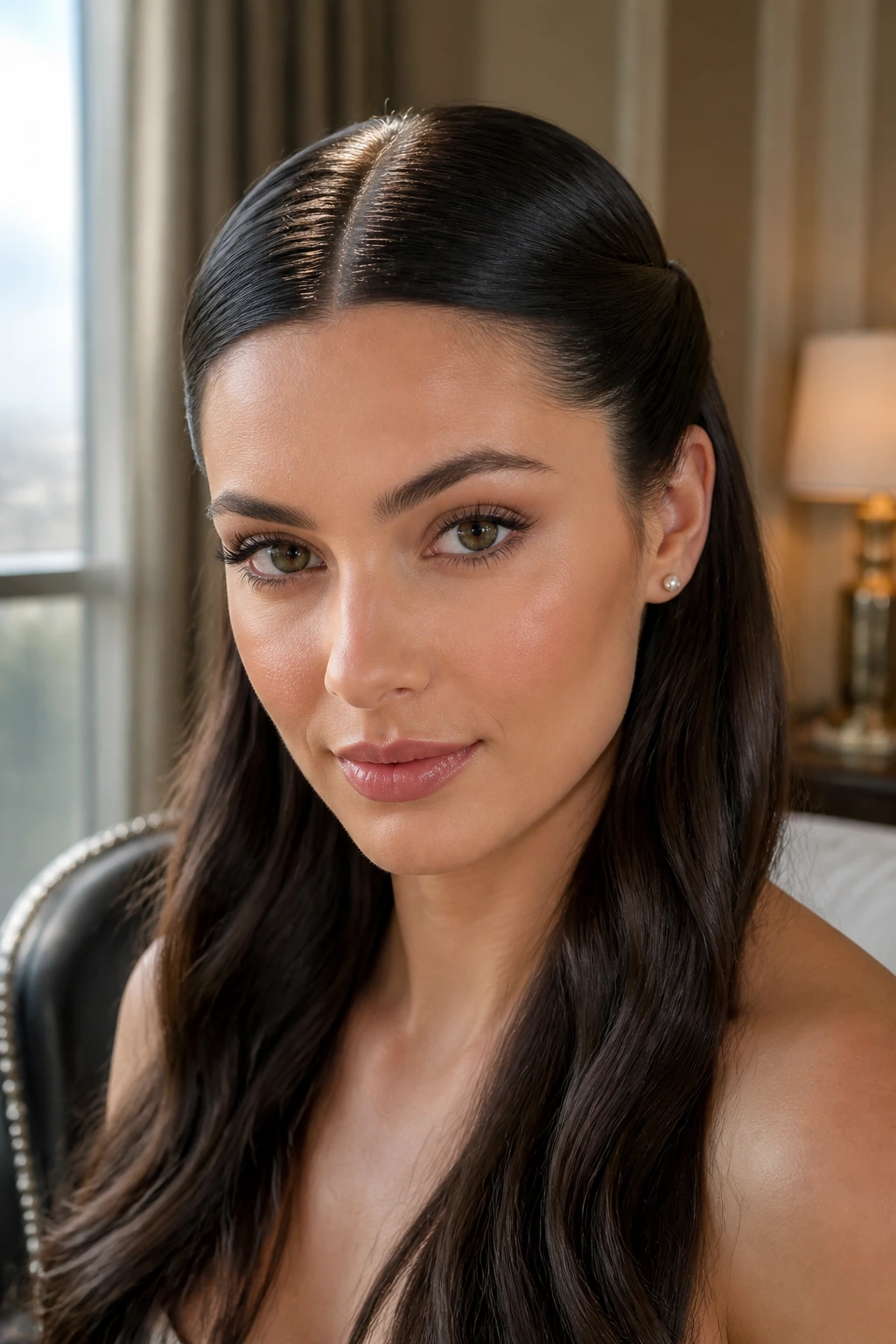 Close-up of a real woman with a sleek center-part and pin-back hairstyle