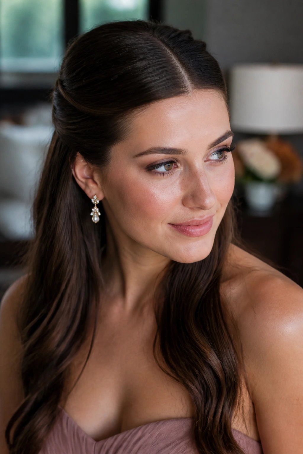 Close-up of a real woman with sleek center-part half-up hairstyle.