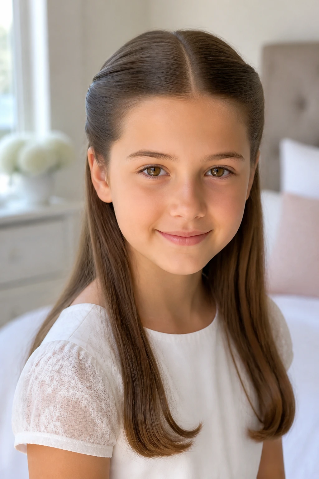 Close-up portrait of a real child with a sleek center-part half-up hairstyle in soft window light.