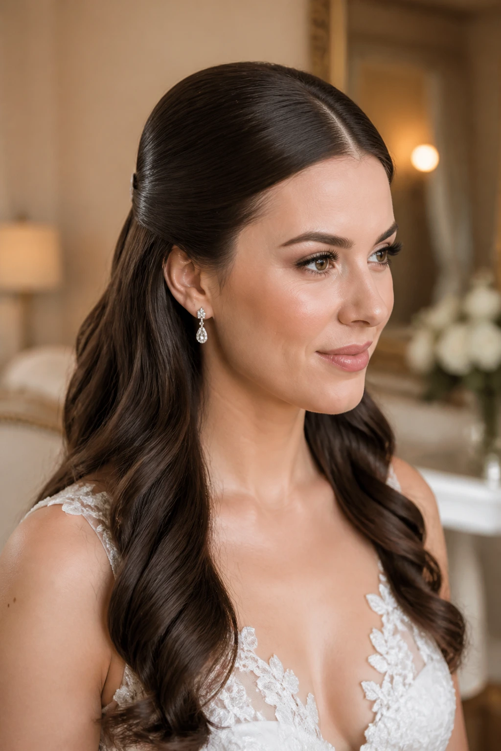 Bride with sleek center part and hidden pins