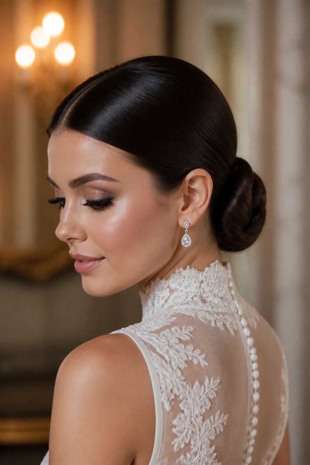 Bride with sleek center-part knot and smooth sides