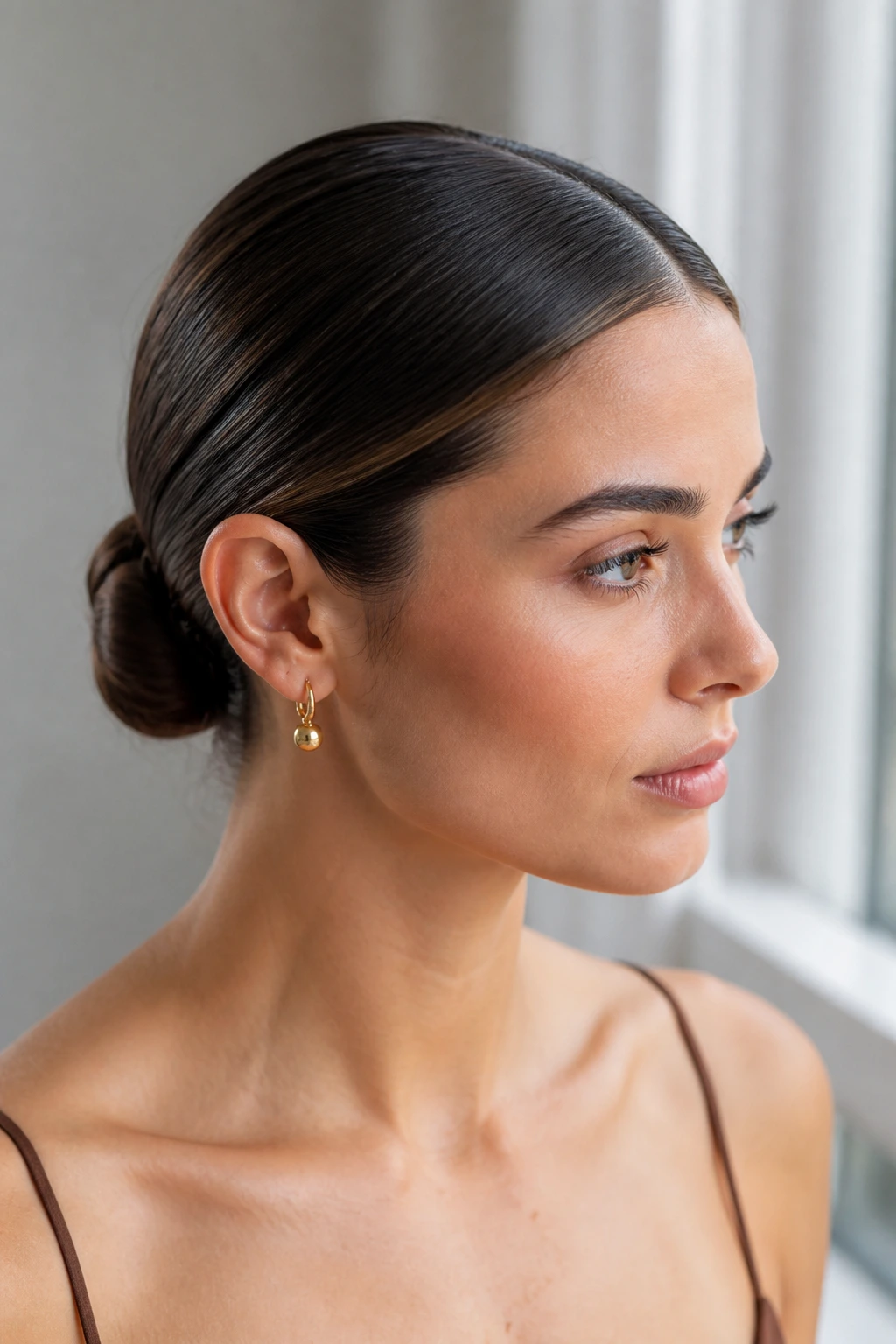 Close-up portrait of a real woman with a sleek center-part knot in bright natural light.