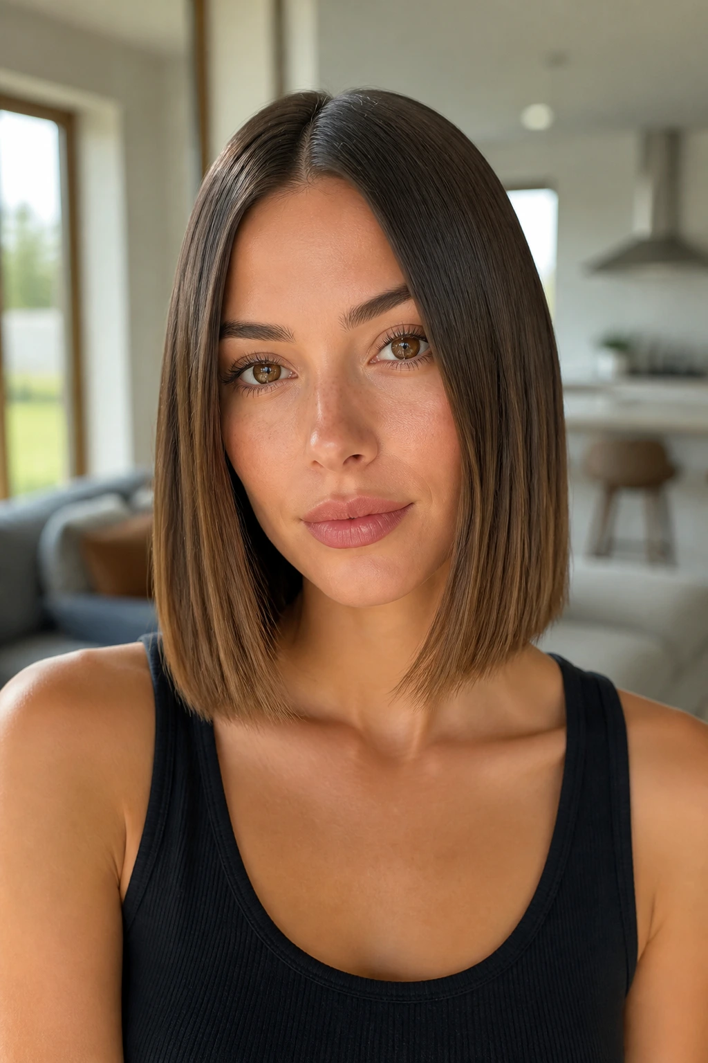 Close-up portrait of a person with a sleek center-part lob and crisp part
