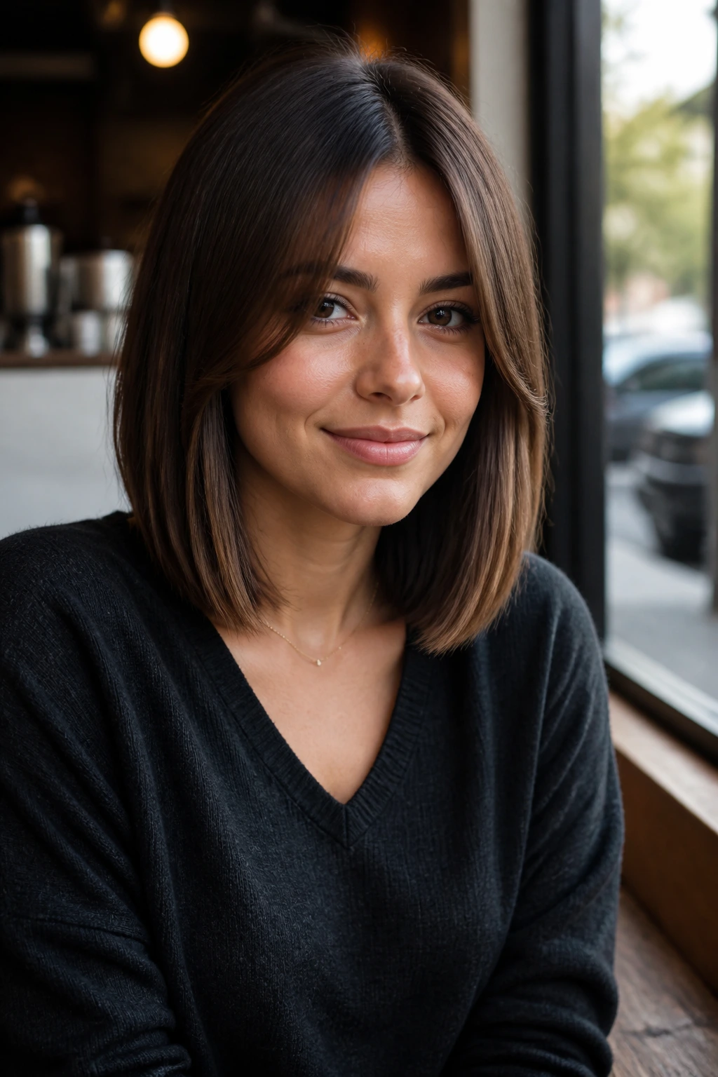 Close-up of a real woman with Sleek Center-Part Lob With Grown-Out Curtain Bangs
