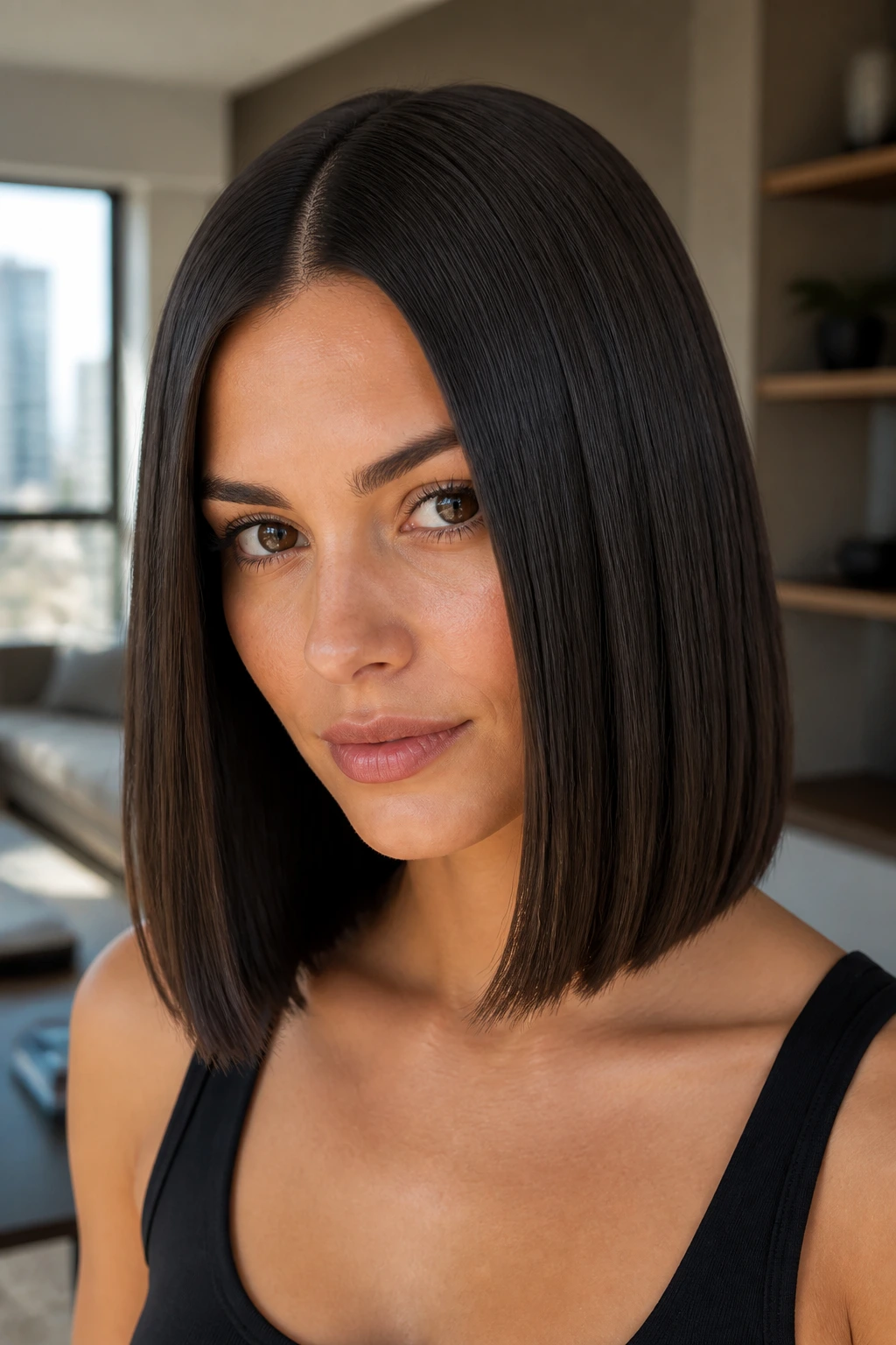 Close-up portrait of a real woman with a sleek center-part lob in soft daylight