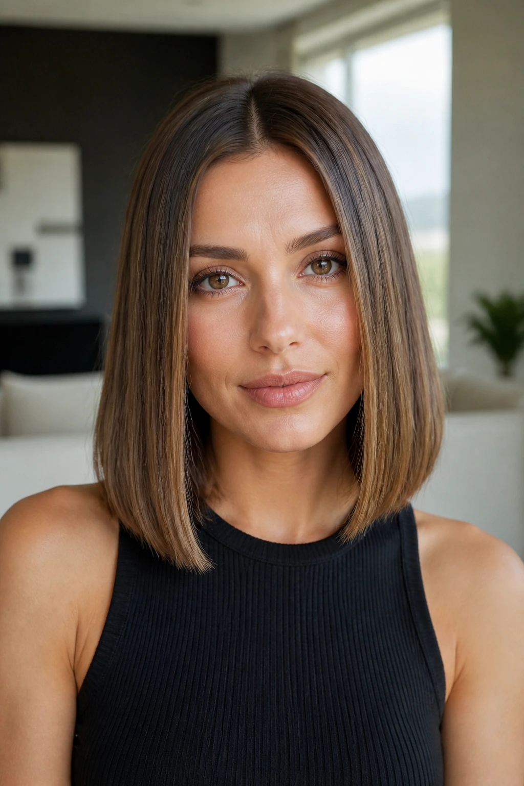 Portrait of real person with sleek center-part lob and blunt ends.