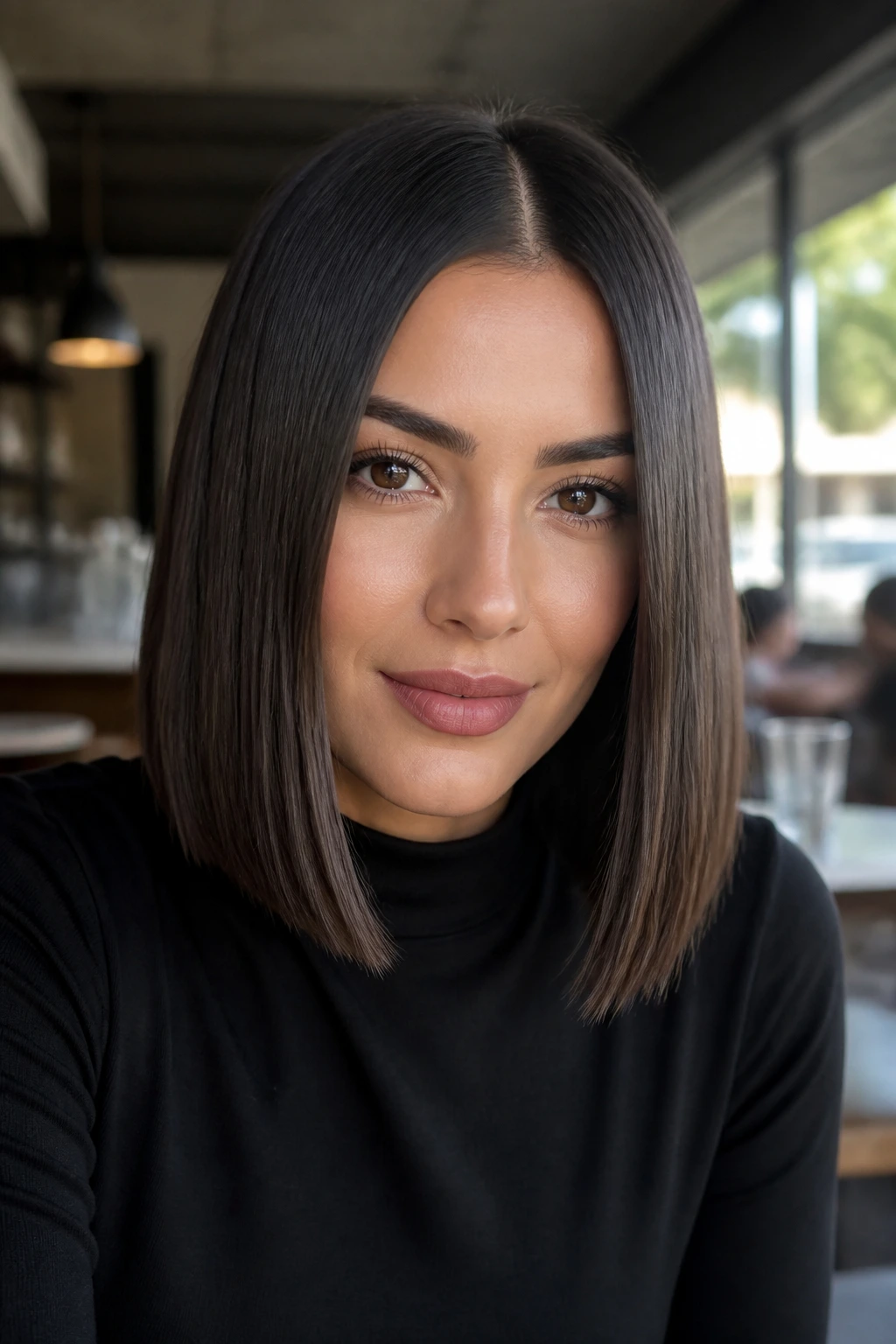 Portrait of a woman with a sleek center-part lob